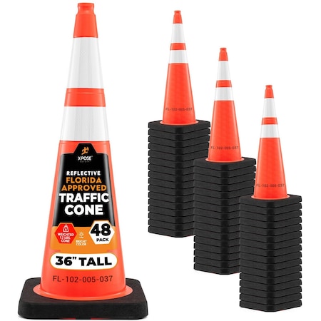 Xpose Safety FDOT 36 Inch Orange Traffic Cone with 6in & 4in Reflective Collars 12lb, Florida DOT #, 48PK OTC36-64-FL-48-X
