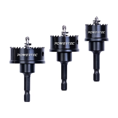 Powertec 3pcs Impact Hole Saw Set, 7/8in, 1-1/8in, 1-3/8in M42 High Speed Steel Blade, 1/4in Hex Shank 14910