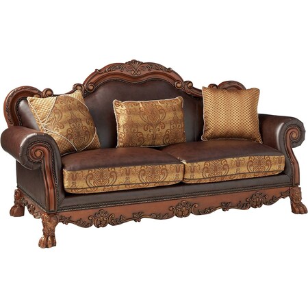 Homeroots 89" Brown Faux Leather Damask Sofa And Toss Pillows With Cherry Blossom Pink Legs 491299