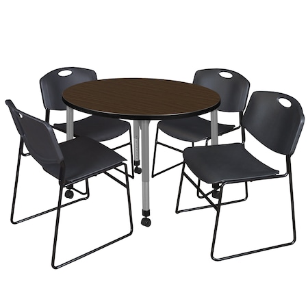 Regency Round Kee Mobile Adjustable Classroom Table W/ 4 Zeng Stack Chairs, 42 in W, 42 in L, Neo Walnut TB42RNDNWAPCGY44BK