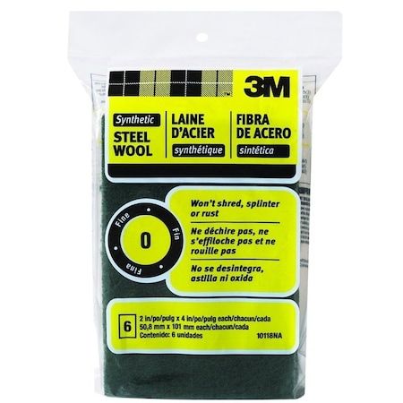 3M 10118 Steel Wool, 4 in L, 2 in W, 0 Grit, Fine, Green 10118N