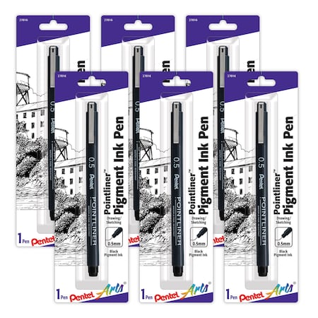 Pentel Pointliner Pen, 0.5mm, Black Pigment Ink, 6PK S20P5BPA