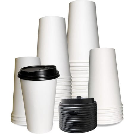 Ecoquality 16oz White Disposable Paper Coffee Cups with Black DomeLids - For Office, and Latte, 150PK EQ16WPCBDL-150