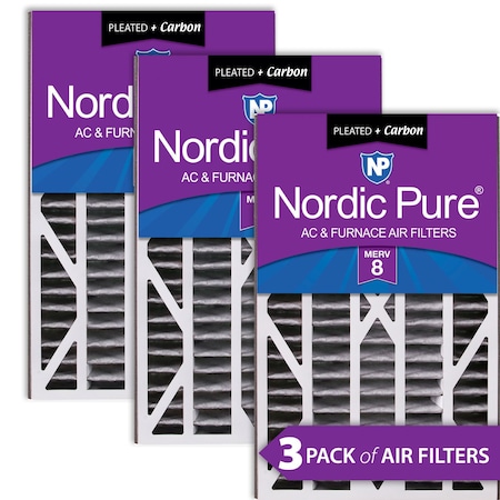 Nordic Pure 16x25x3 Plus Carbon Pleated Air Filter, High Capacity, MERV 8, 3 PK 16x25x3ABPM8C-3