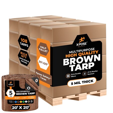 Xpose Safety Multipurpose Protective Cover Tarp, 20 ft x 20 ft, 5 Mil, Brown, Polyethylene, Water Resistant BRT-2020-HP108-X