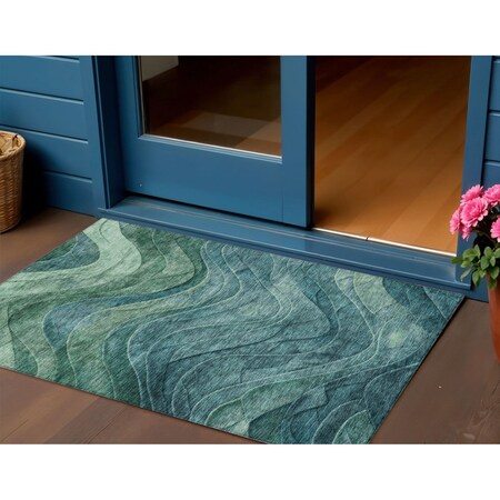 Homeroots 3' X 5' Teal Blue And Green Abstract Washable Indoor Outdoor Area Rug 618178