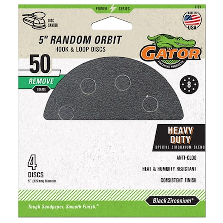 Gator Finishing 5 in. Black Zirconium Random Orbit Hook and Loop Sanding Discs, 50 Grit, Coarse, 4PK 7723