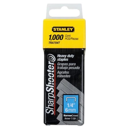 Stanley Heavy Duty Staples, T50, 24 ga, Narrow Crown, 1/4 in Leg L, Steel, 1000 PK TRA704T