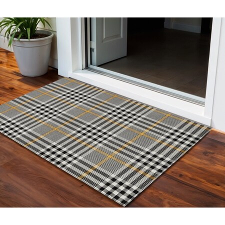 Homeroots 3' X 5' Black Gold And Ivory Plaid Washable Indoor Outdoor Area Rug 601452