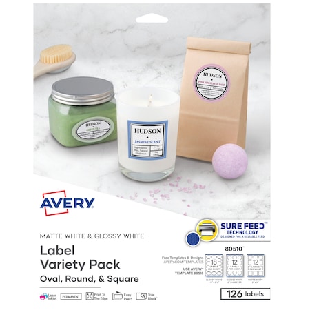 Avery Labels Variety Pack, Sure Feed Te, PK126 80510