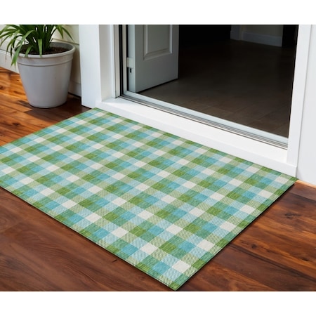 Homeroots 3' X 5' Lime Green Aqua And Beige Plaid Washable Indoor Outdoor Area Rug 601404