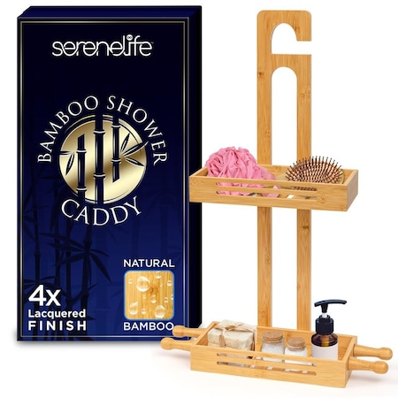Serenelife Bamboo Hanging Shower Caddy with 2 Tiers, Anti-Slip Design for Bathroom Essentials, Self-Draining SLSHCD90