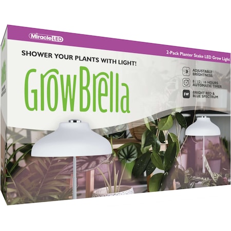 Miracle Led GrowBrella Grow Light for Planters, 5 Watts, Built-In Timer, LED Planter Stake Grow Light, 2PK 802950
