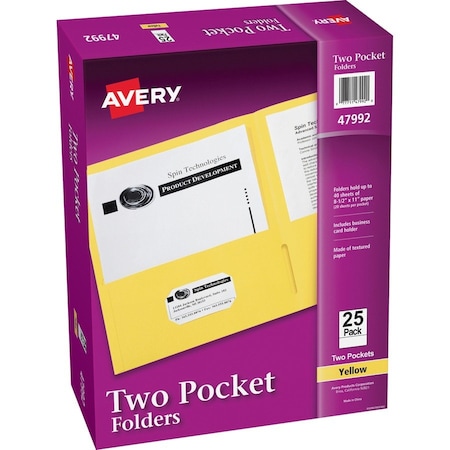 Avery Dennison Two-Pocket File Folder, Yellow, PK25 47992