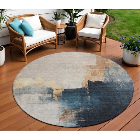 Homeroots 8' Taupe Black And Blue Round Abstract Washable Indoor Outdoor Area Rug 603037