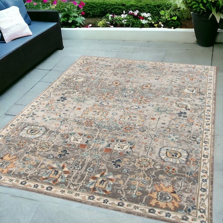 Homeroots 5' X 7' Blue and Orange Floral Stain Resistant Indoor Outdoor Area Rug 531509
