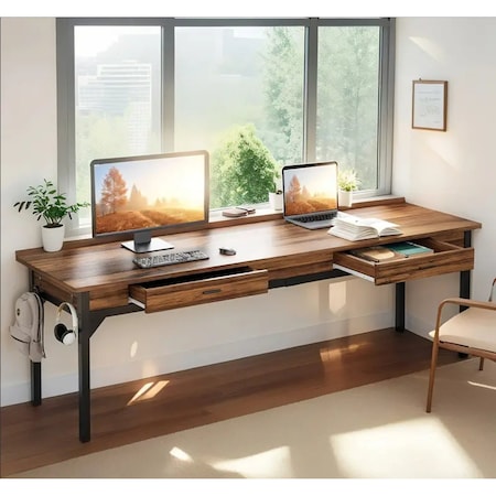 Kioottoo 78.7'' Double Office Desk for 2 - Rustic Brown Industrial Workstation with Storage TB-JW0651X