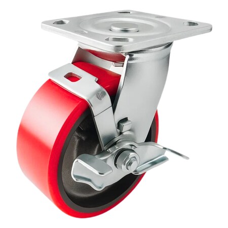Hyw Products Heavy Duty Caster 5in Red Polyurethane on Cast Iron Wheel, Swivel with Brake 40-50S-A1-PC-TB(R)