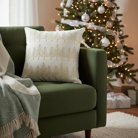 Homeroots 18" Ivory And Silver Cotton Christmas Trees Throw Pillow With Embroidery 719253