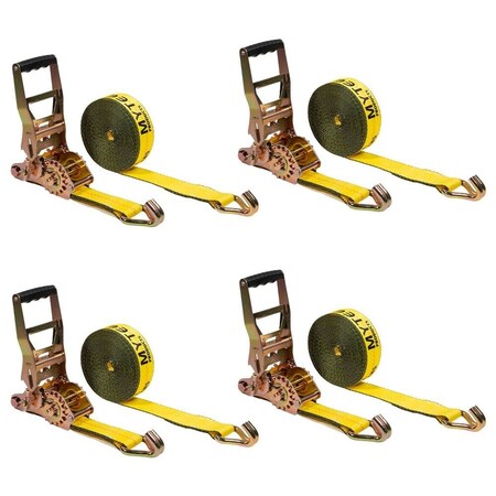 Mytee Products 4PK 2inx27ft Self-Tensioning Ratchet Strap with J Hooks - 10,000 lbs BS - Yellow, 4PK RS227WHTGx4