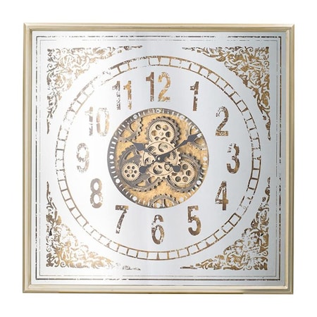 Homeroots 32" Square Gold and Silver Wood and Mirror Analog Exposed Gear Wall Clock 485983