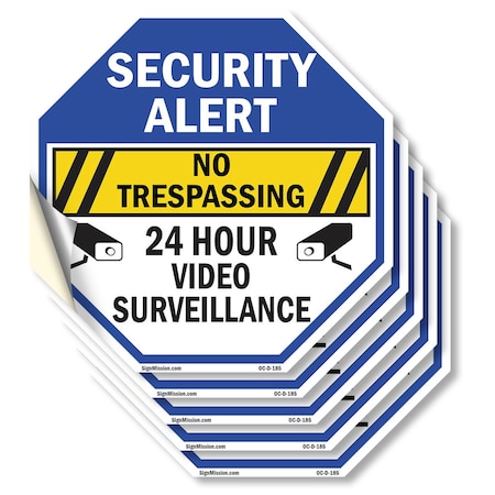 Signmission Security Alert No Trespassing 24 Ho, 6 inch X 6 inch, Vinyl Decal, 5PK OC-D-5PACK-6-185