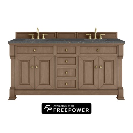 James Martin Vanities Brookfield 72 in. Double Vanity, Pecan w/ 3 CM Parisien Bleu Silestone Top 547-V72-PCN-FPBL