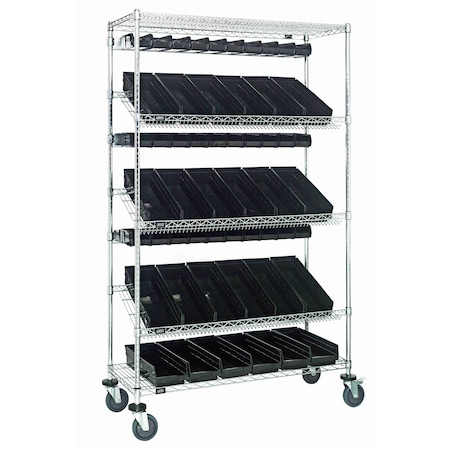 Quantum Storage Systems WIRE CART SLANT SHELVES WITH 54 BINS WRCSL5-74-1848-104220BK