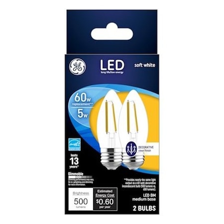 Ge Decorative LED Light Bulb, Blunt Tip, BM Lamp, 60 W Equivalent, E26 Medium Lamp Base, PK2 93129349