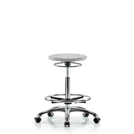 Blue Ridge Ergonomics Polyurethane Stool Chrome-High Bench Height with Chrome Foot Ring & Casters in Gray Polyurethane IPHBSO-CR-CF-CC-GRY