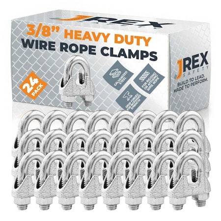 Jrex Safety Galvanized Steel Wire Rope Cable Clip Clamp - 3/8" U-Bolt Style, 24PK GCC38-JR-24PK