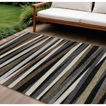 Homeroots 10' X 14' Black Brown And Ivory Striped Washable Indoor Outdoor Area Rug 597306