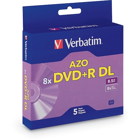 Verbatim Americas Verbatim DVD+R, 95311, 8X Speed, 8.5GB, W/Jewel Case, Double Layer, Branded, 5/Pk 95311
