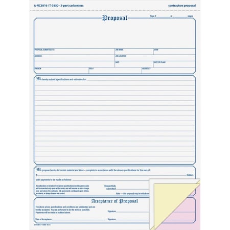 Cardinal Brands Adams, Contractor Proposal Form, 3-Part Carbonless, 8 1/2 X 11 7/16, 50 Forms NC3819