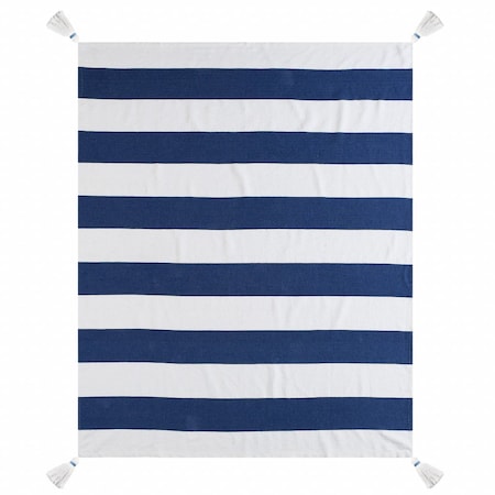 Homeroots 50" X 60" Blue and White Cotton Woven Striped Throw Blanket with Tassels 516596