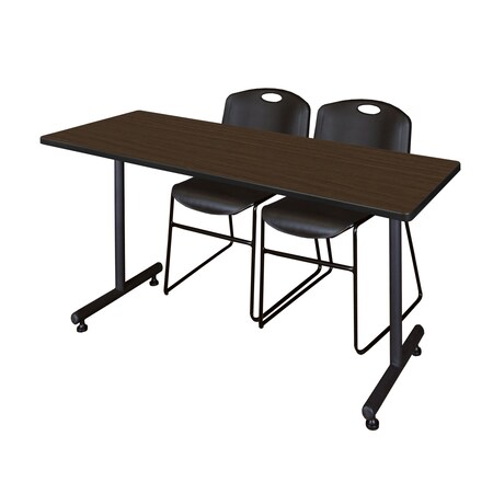 Regency Kobe T-Base Training Seminar Table W/ 2 Zeng Stack Chairs, 66 in W, 24 in L, Neo Walnut MKTRCT6624NW44BK