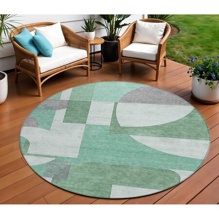 Homeroots 8' Green Sage And Gray Round Geometric Washable Indoor Outdoor Area Rug 617910