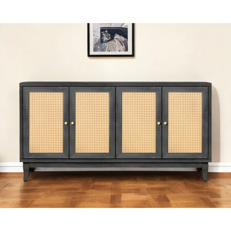 Homeroots 65" Charcoal and Natural Wood and Rattan Sideboard with Four Doors 568409