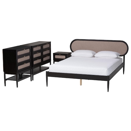Baxton Studio Shirin Mid-Century Beige Fabric and Black Wood Queen 4-Piece Bedroom Set 255-14152-14151-14150-14149-ZORO