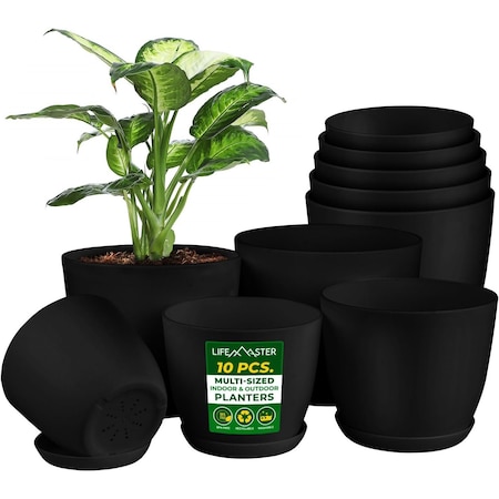 Lifemaster Plant Pots with Multi Drainage Holes, Sturdy Plastic, Stackable, Indoor/Outdoor, Black, 10PK LMFLOPBLK15