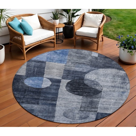Homeroots 8' Navy Blue Gray And Charcoal Round Geometric Washable Indoor Outdoor Area Rug 604332