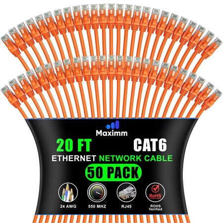 Maximm Cat6 Ethernet Cable 20ft 10Gbps 550MHz UTP, 50PK, Orange, 50PK CAT6CCA-20OR-50PK