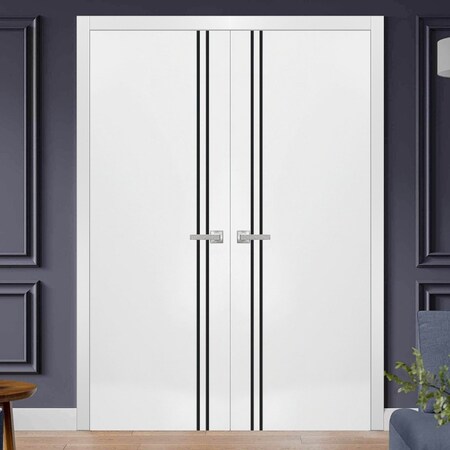 Sartodoors Solid French Double Doors, Planum 0016 White Silk and Aluminum Strips, Wood Solid Panel Frame Trims PLANUM0016DD-WS-6484