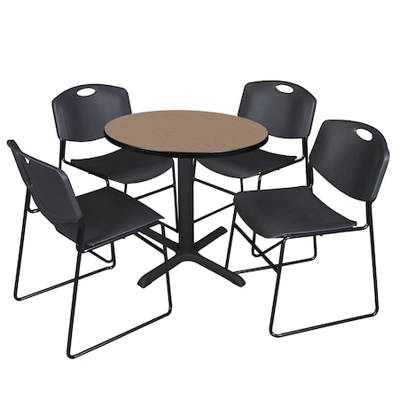 Regency Round Cain Breakroom Table W/ 4 Zeng Stack Chairs, 30 in W, 30 in L, Noble Oak TB30RNDNO44BK