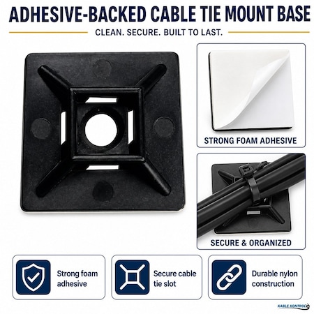 Kable Kontrol Adhesive Cable Tie Mounts, 1" Sq, UV Black Nylon, PK100 CT280-B
