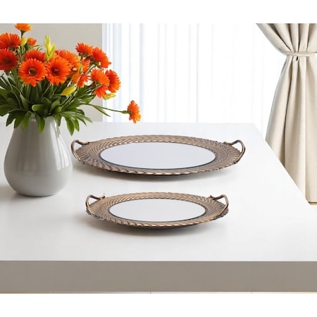 Homeroots Set of Two Antiqued Bronze Metal And Mirrored Glass Oval Serving Trays With Handles 634506