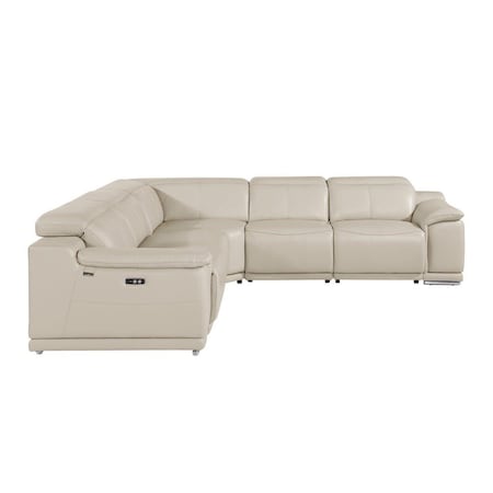 Homeroots Beige Italian Leather Power Reclining U Shaped Five Piece Corner Sectional With Console 532761