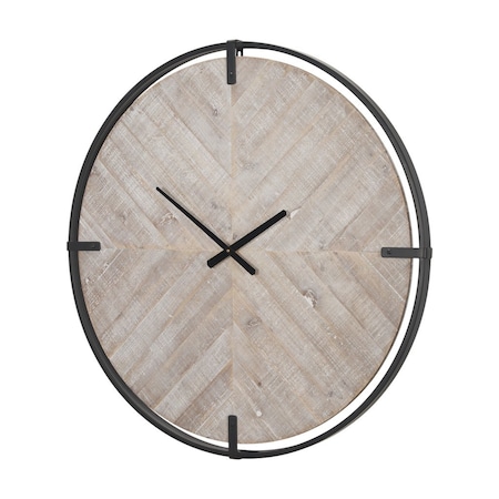 Homeroots 33" Black And Natural Metal And Solid Wood Analog Distressed Round Wall Clock 609408