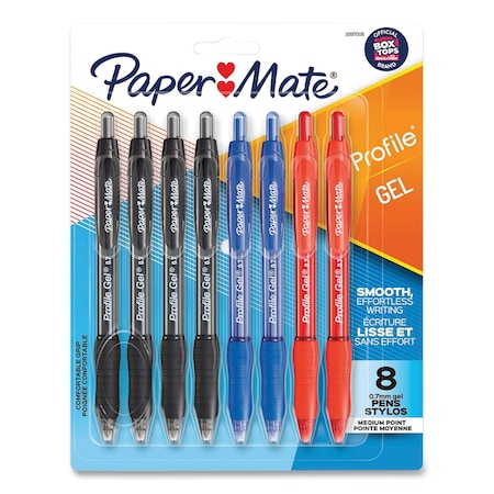 Paper Mate Profile Gel Pen, Retractable, Medium 0.7 mm, Assorted Ink and Barrel Colors, 8PK 2097006