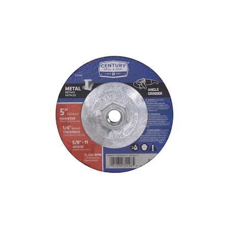 Century Drill & Tool Metal Grinding Wheel, Type 27, 5 in Dia, 1/4 in Thick, 5/8 in-11 Arbor Hole Size, Aluminum Oxide 75548